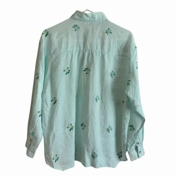 Casey Coleman Linen Shirt Womens Size Medium Embroidered Sea Turtles Resort - Picture 3 of 9